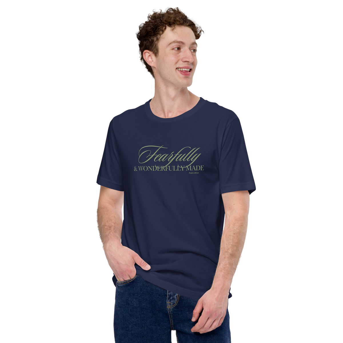 Wonderfully Made Psalm 139:14 Navy Christian T-Shirt — navy, shown on model 2