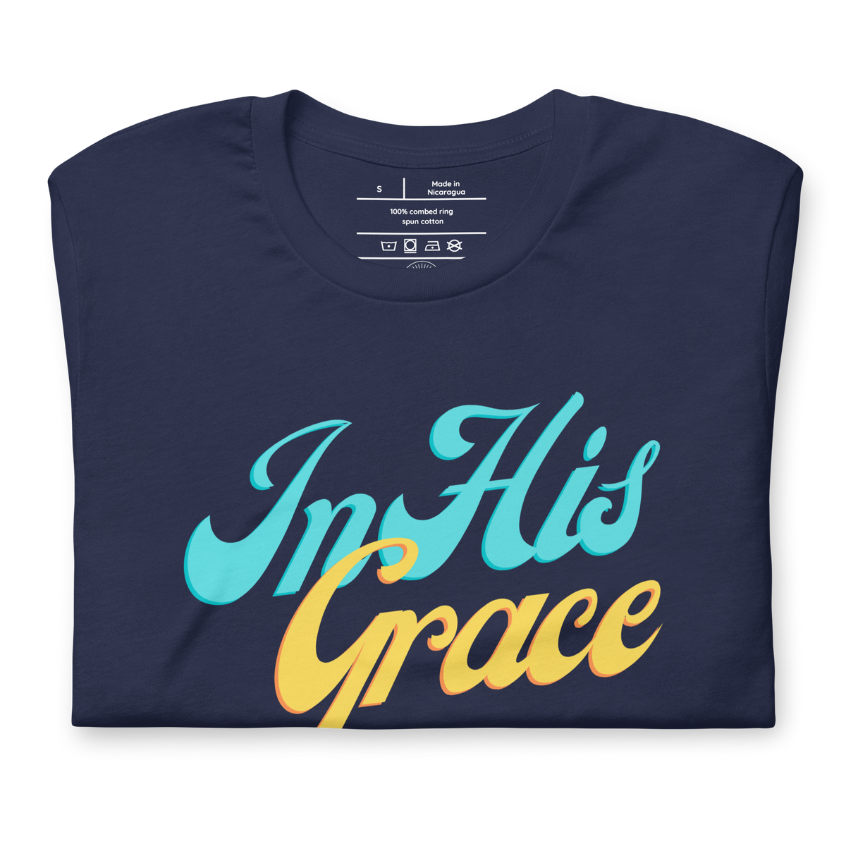 In His Grace Ephesians 2:8 Navy Christian T-Shirt — navy, folded view