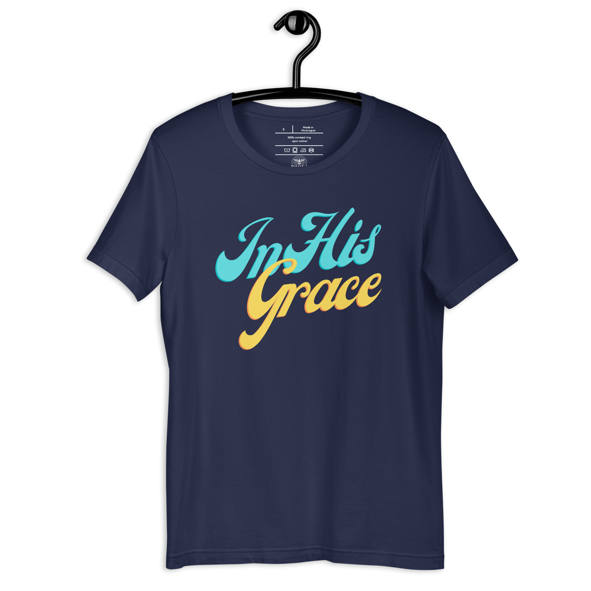 In His Grace Ephesians 2:8 Navy Christian T-Shirt — navy, hanging view