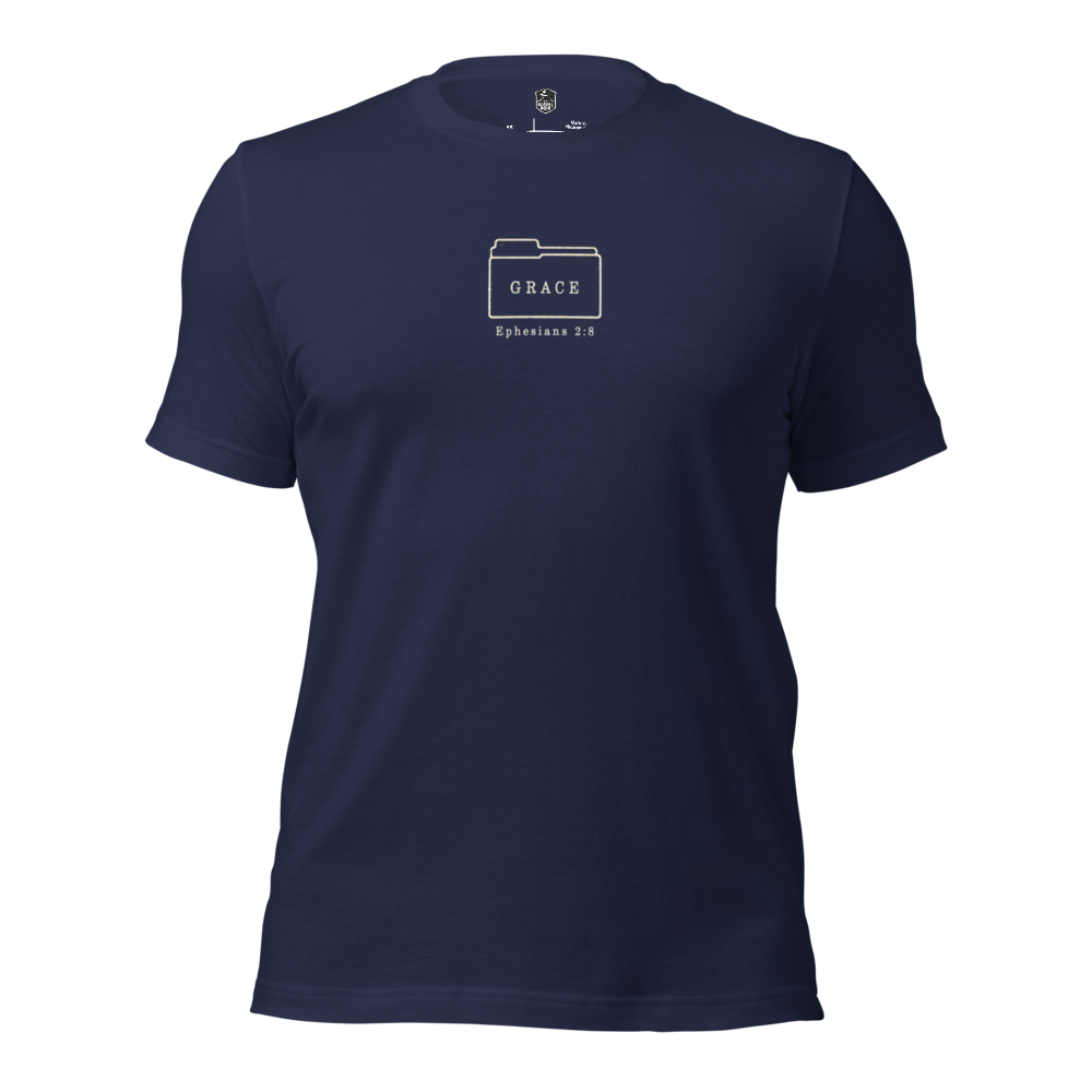 Filed Under Grace Ephesians 2:8 Christian T-Shirt — navy, front. Gospel Noir Christian T-shirt by Heavenly Crafted, faith-based apparel for men and women