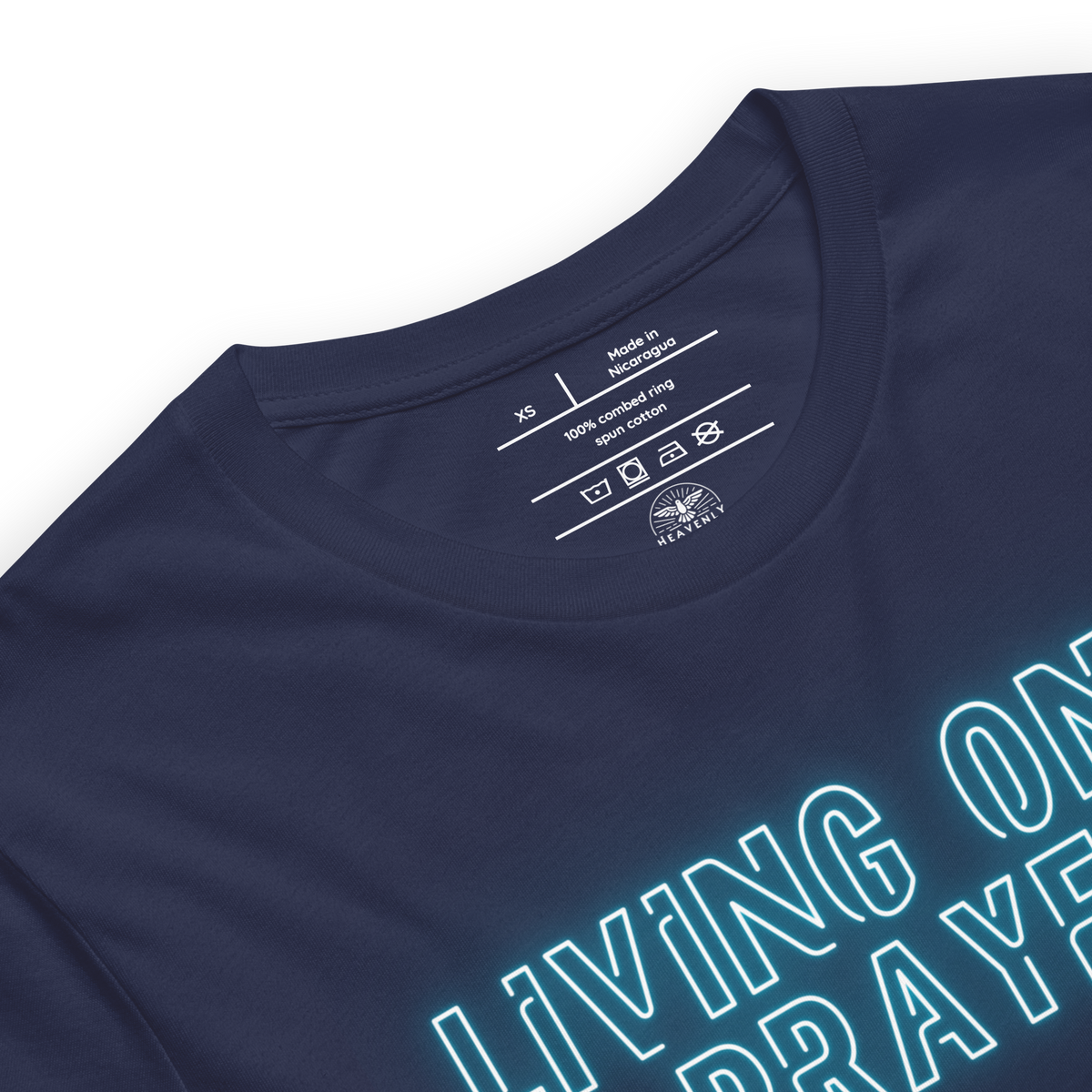 Living on a Prayer Navy Christian T-Shirt — navy, design detail 2