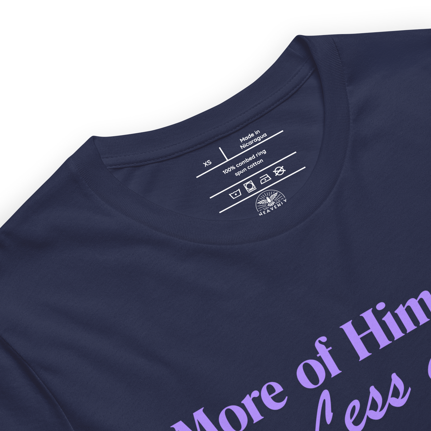 More of Him, Less of Me John 3:30 Christian T-Shirt — navy, label and care detail 2
