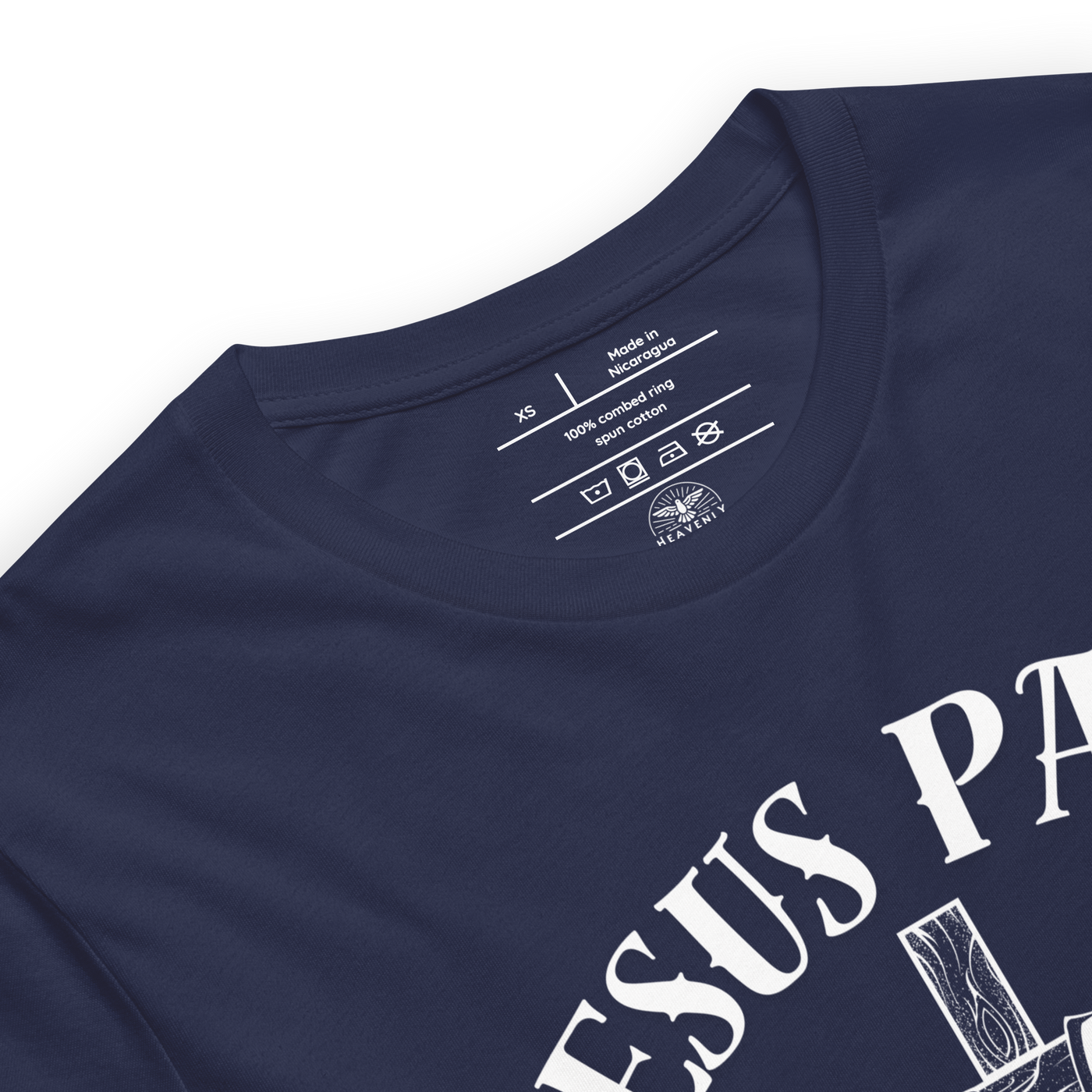 Jesus Paid It All Ephesians 2:8–9 Christian T-Shirt — navy, label and care detail