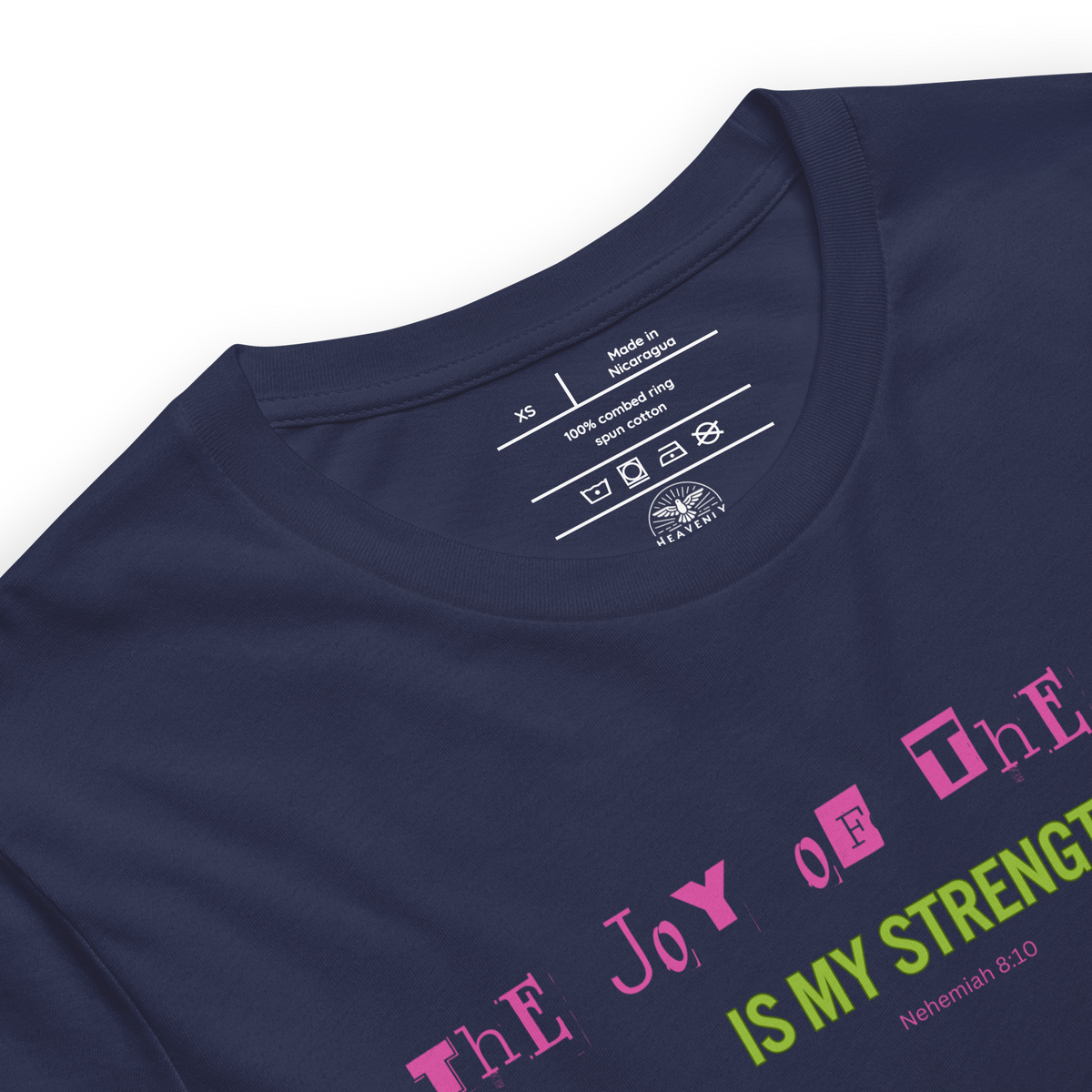 Joy of the Lord Nehemiah 8:10 Navy Christian T-Shirt — navy, label and care detail