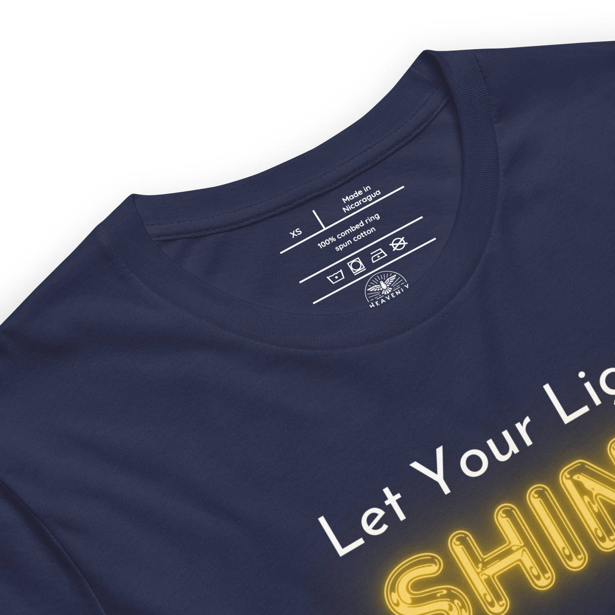 Let Your Light Shine Matthew 5:16 Navy Christian T-Shirt — navy, label and care detail