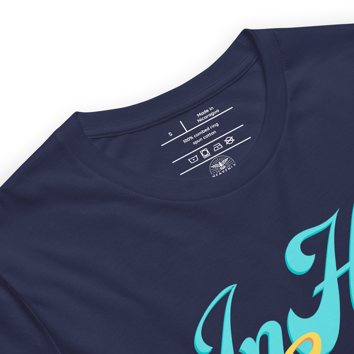 In His Grace Ephesians 2:8 Navy Christian T-Shirt — navy, label and care detail 2
