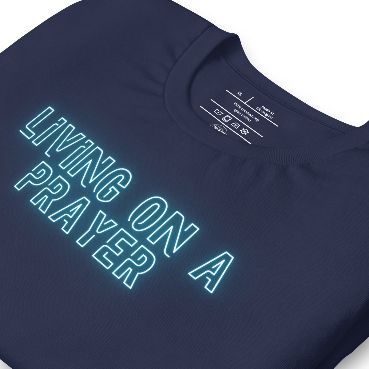 Living on a Prayer Navy Christian T-Shirt — navy, design detail 3