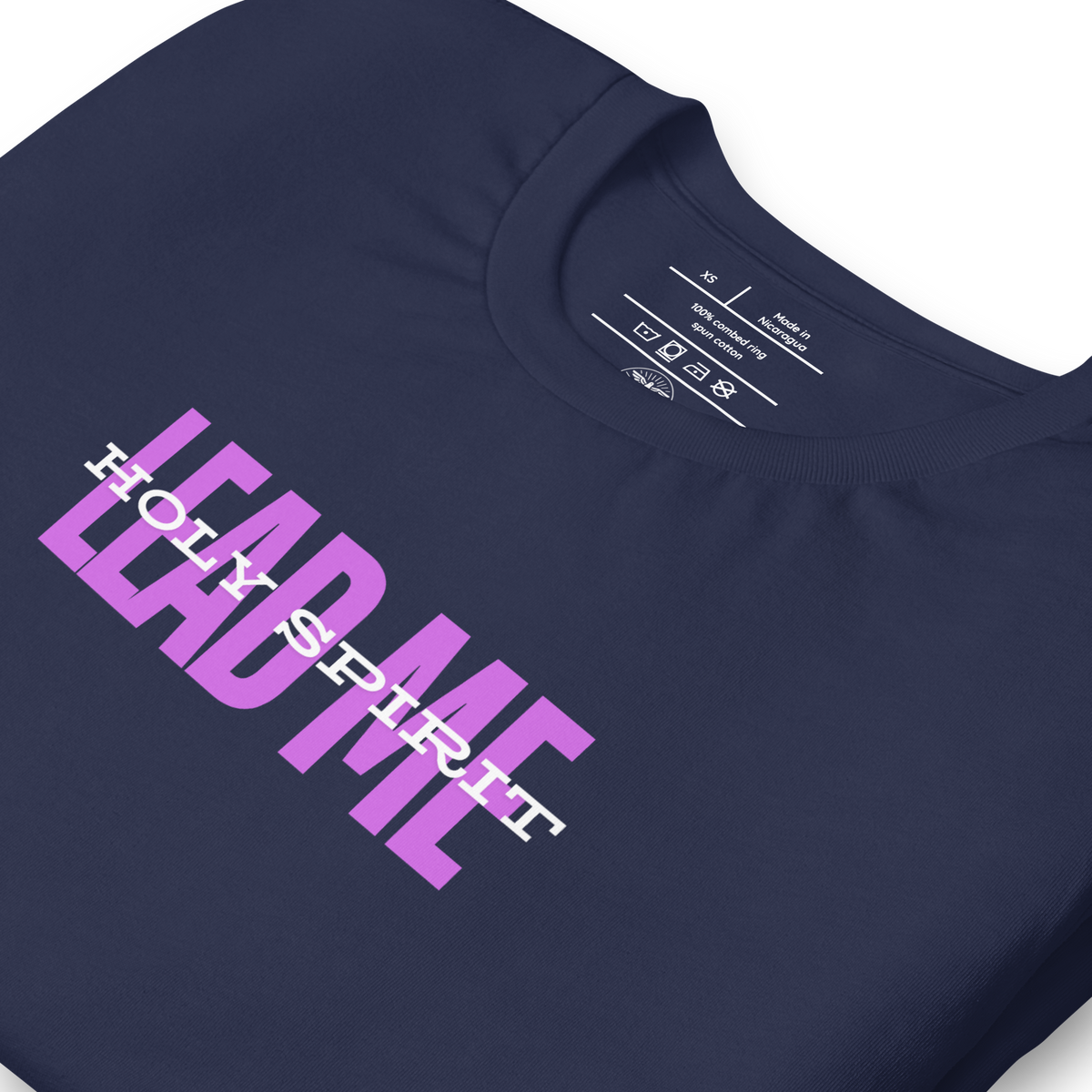Holy Spirit Lead Me Romans 8:14 Christian T-Shirt — navy, design detail