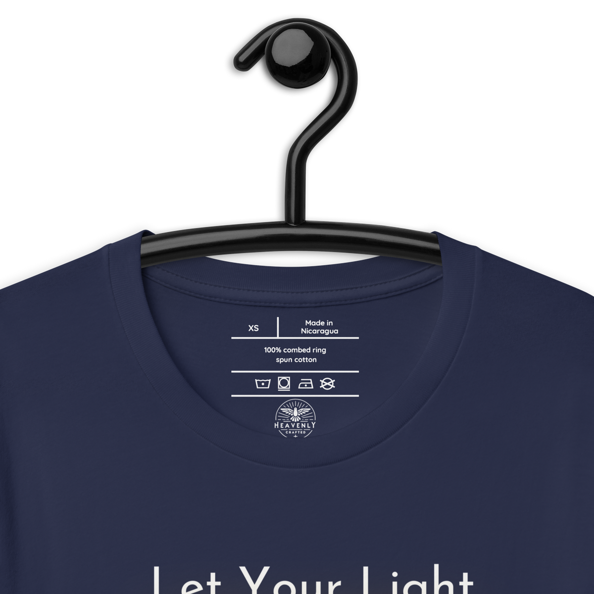 Let Your Light Shine Matthew 5:16 Navy Christian T-Shirt — navy, label and care detail 2