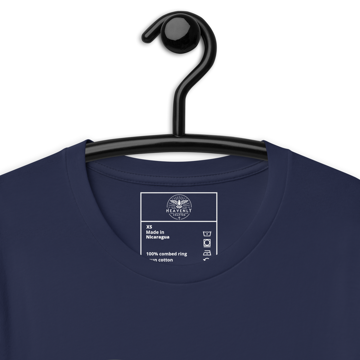 Wonderfully Made Psalm 139:14 Navy Christian T-Shirt — navy, label and care detail