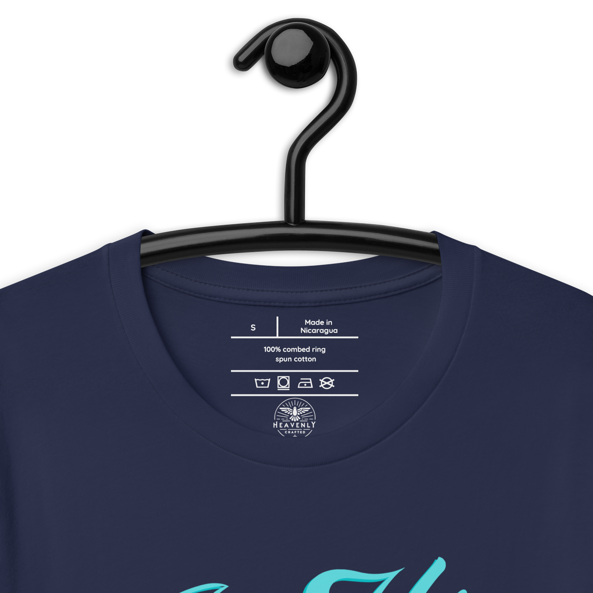 In His Grace Ephesians 2:8 Navy Christian T-Shirt — navy, label and care detail