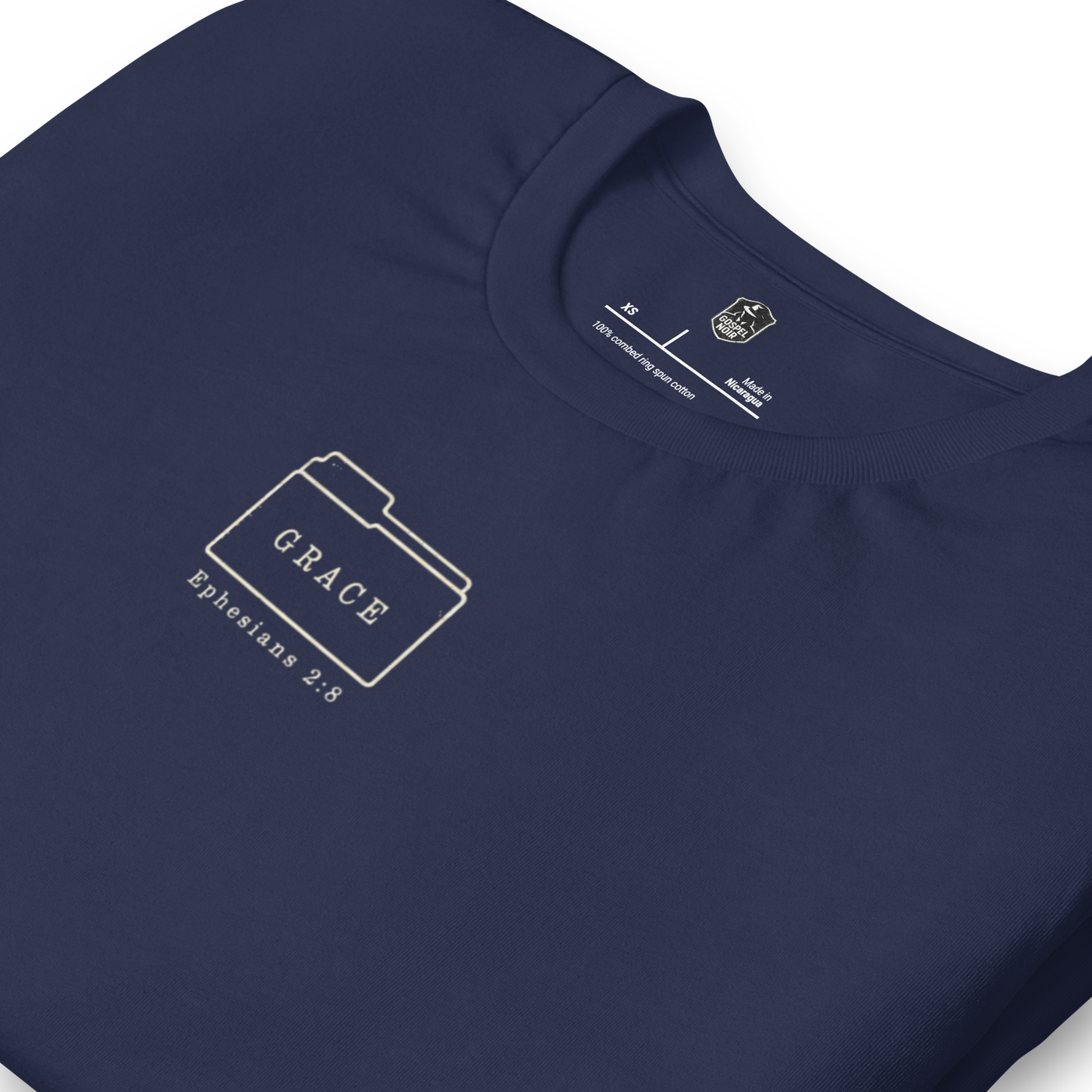 Filed Under Grace Ephesians 2:8 Christian T-Shirt — navy, folded view