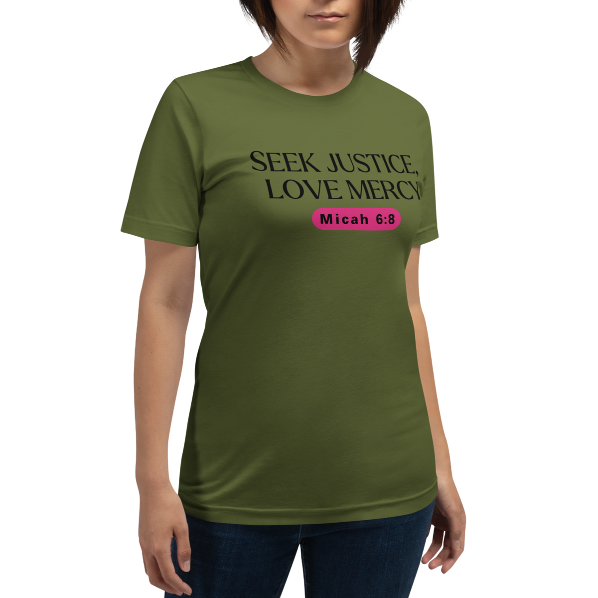 Army of Faith Ephesians 6:11 Christian T-Shirt — army green, shown on model
