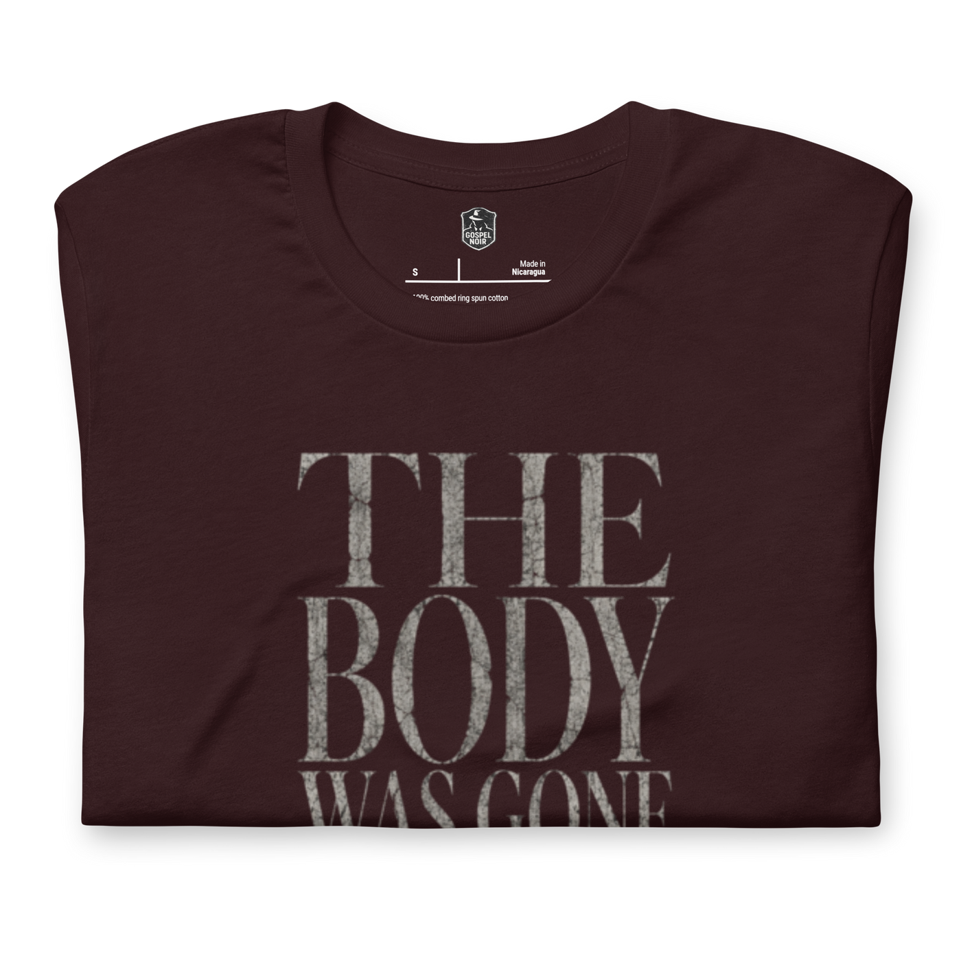 The Body Was Gone by Morning Christian T-Shirt — oxblood black, product view 2