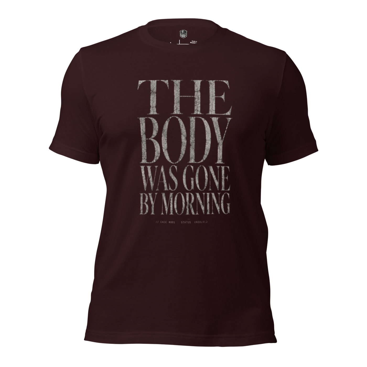 The Body Was Gone by Morning Christian T-Shirt — oxblood black, product view 4