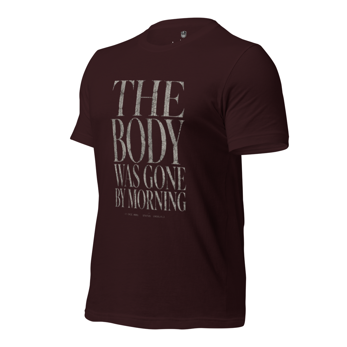 The Body Was Gone by Morning Christian T-Shirt — oxblood black, left-side view