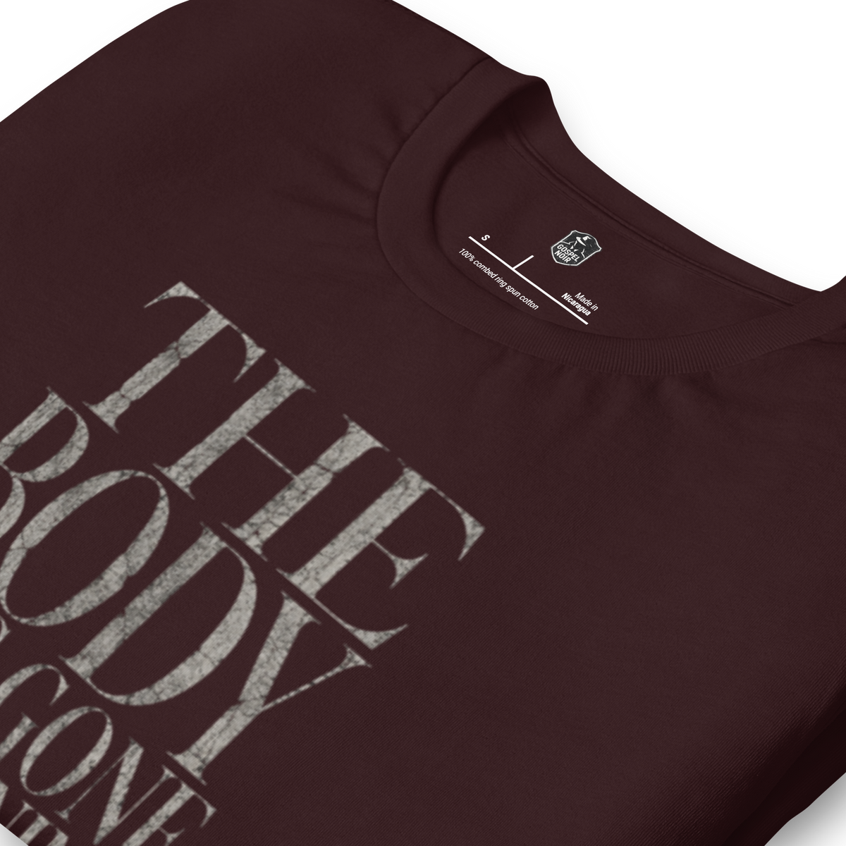 The Body Was Gone by Morning Christian T-Shirt — oxblood black, design detail