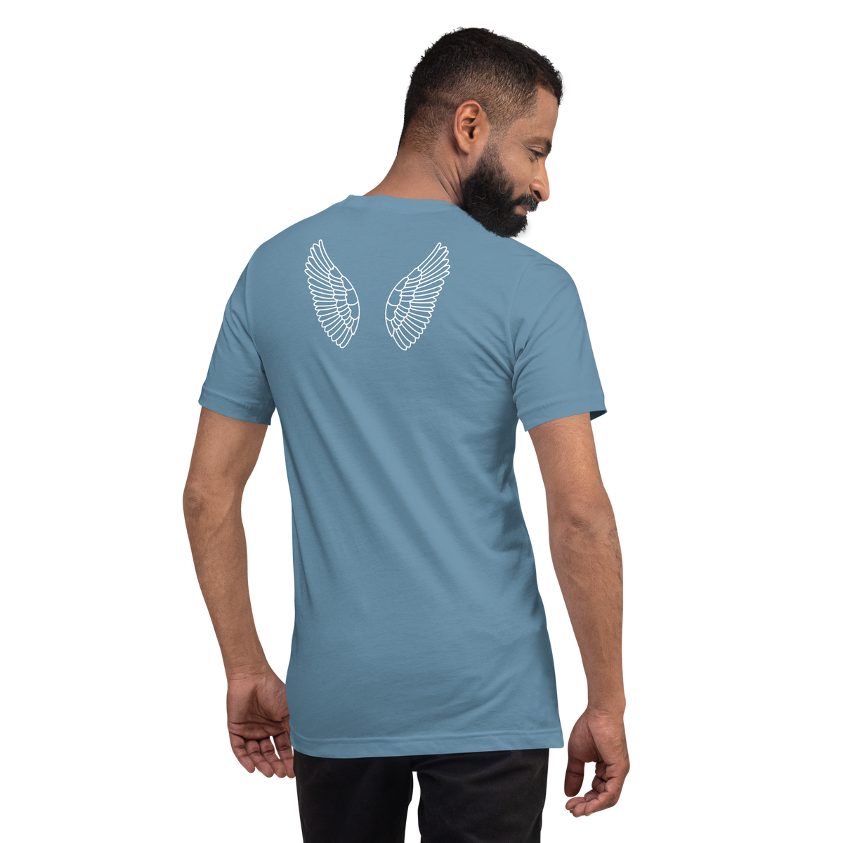 Under His Wings Psalm 91:4 Christian T-Shirt — steel blue, back view 2