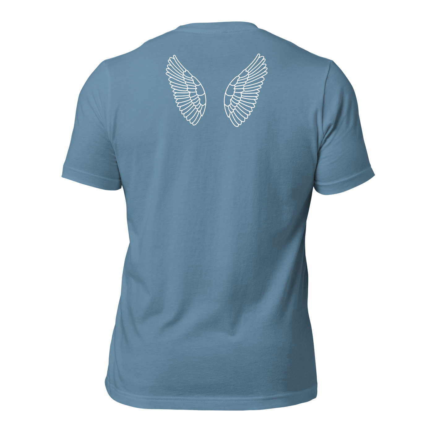Under His Wings Psalm 91:4 Christian T-Shirt — steel blue, back view 3