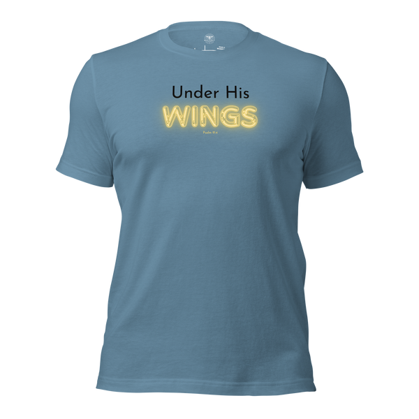Under His Wings Psalm 91:4 Christian T-Shirt — blue, front. Gospel Noir Christian T-shirt by Heavenly Crafted, Christian streetwear