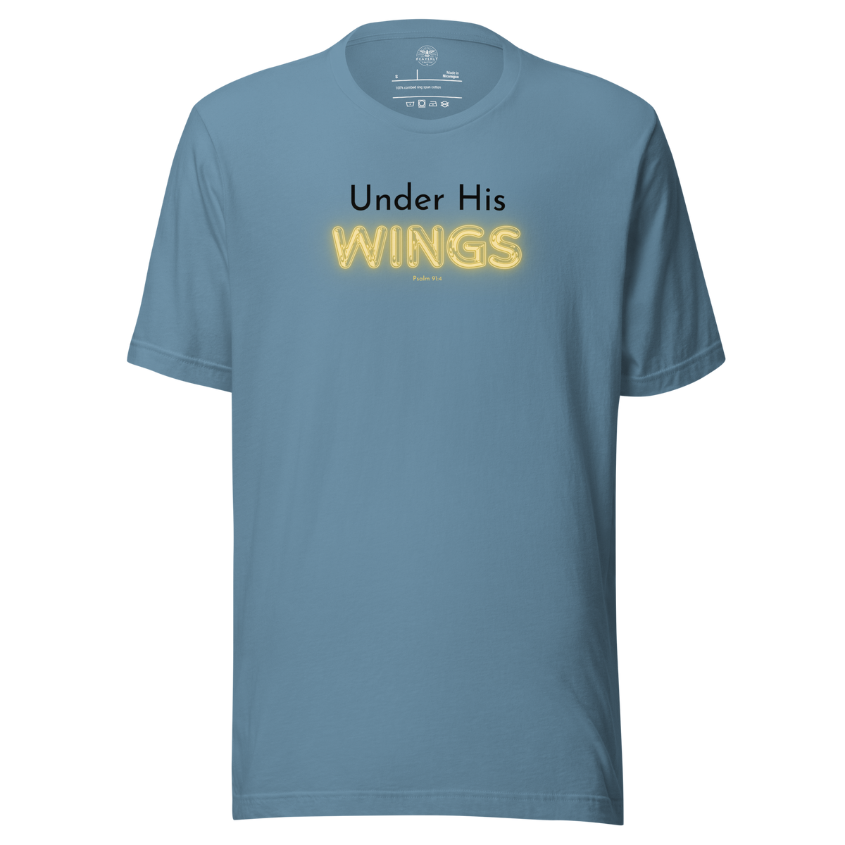 Under His Wings Psalm 91:4 Christian T-Shirt — steel blue, front view