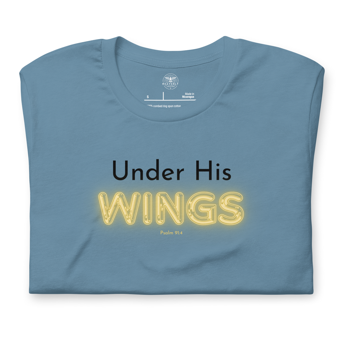 Under His Wings Psalm 91:4 Christian T-Shirt — steel blue, folded view