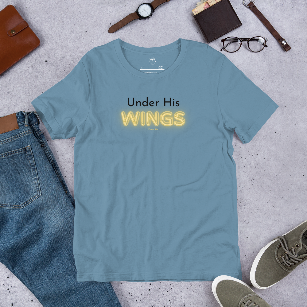 Under His Wings Psalm 91:4 Christian T-Shirt — steel blue, product mockup 2