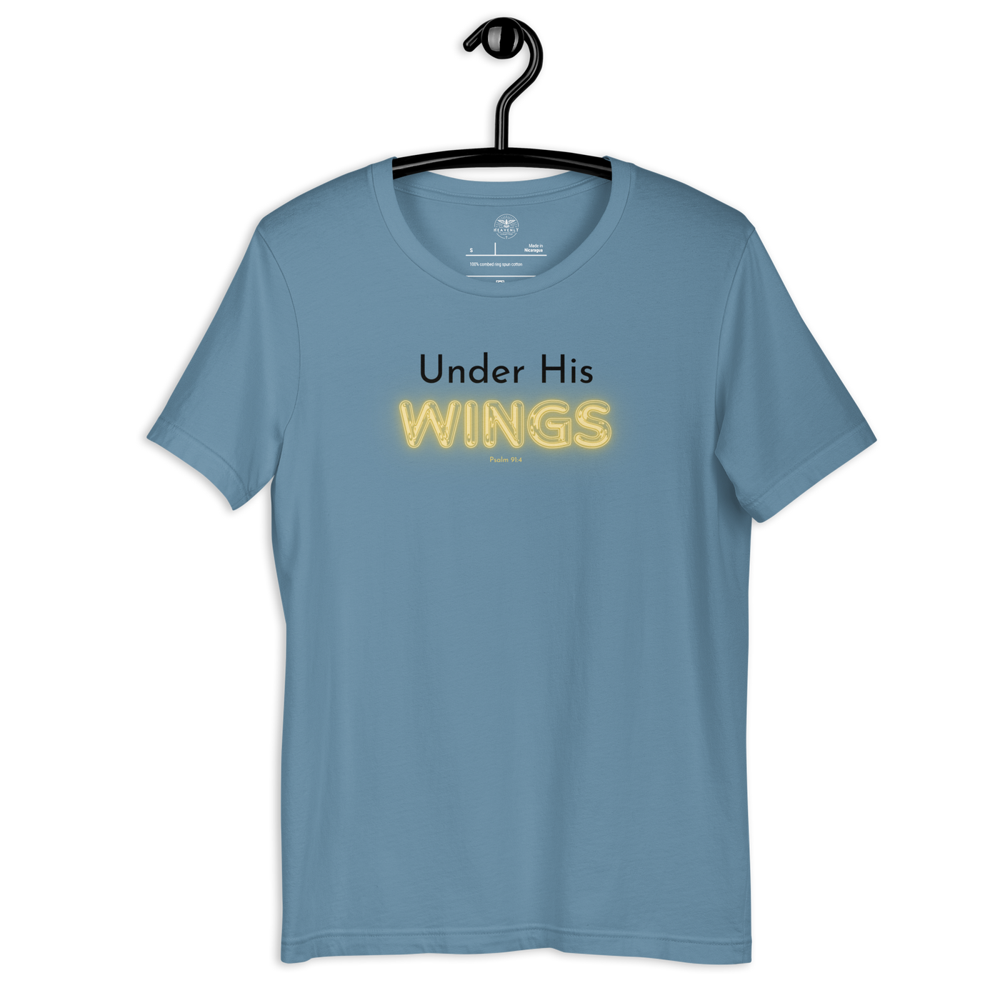 Under His Wings Psalm 91:4 Christian T-Shirt — steel blue, hanging view