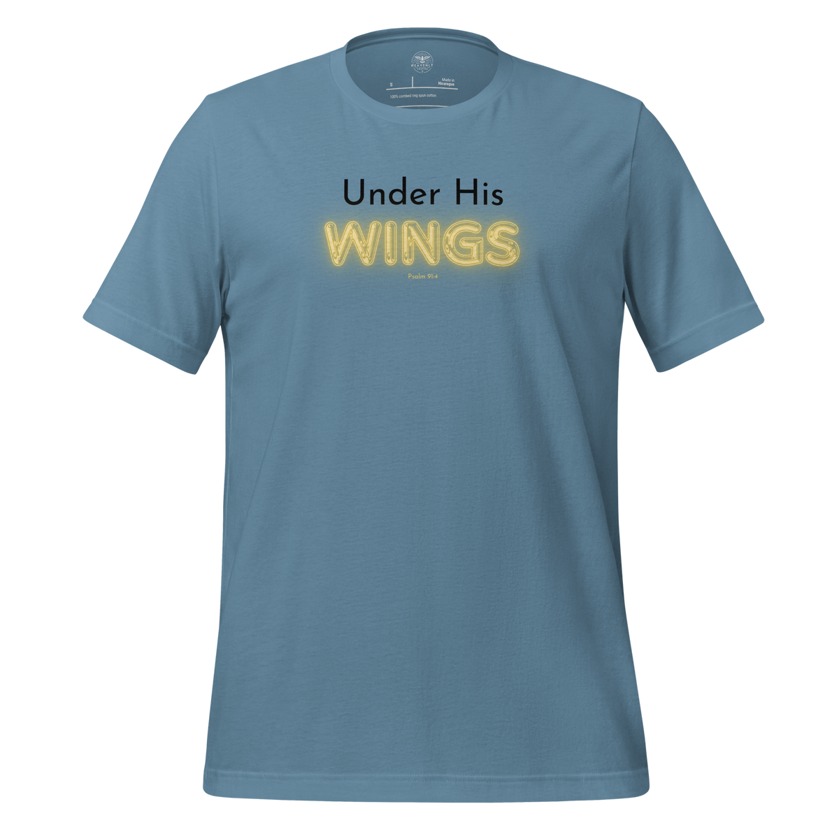 Under His Wings Psalm 91:4 Christian T-Shirt — steel blue, product mockup 3