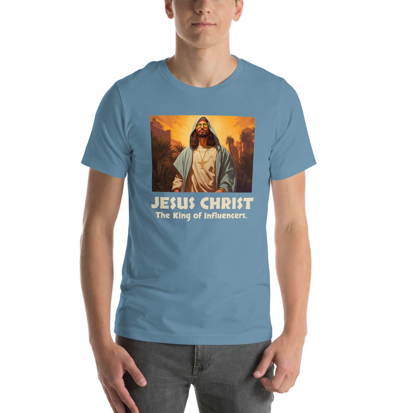 Jesus: King of Influencers Steel Blue Christian T-Shirt — steel blue, front view 6