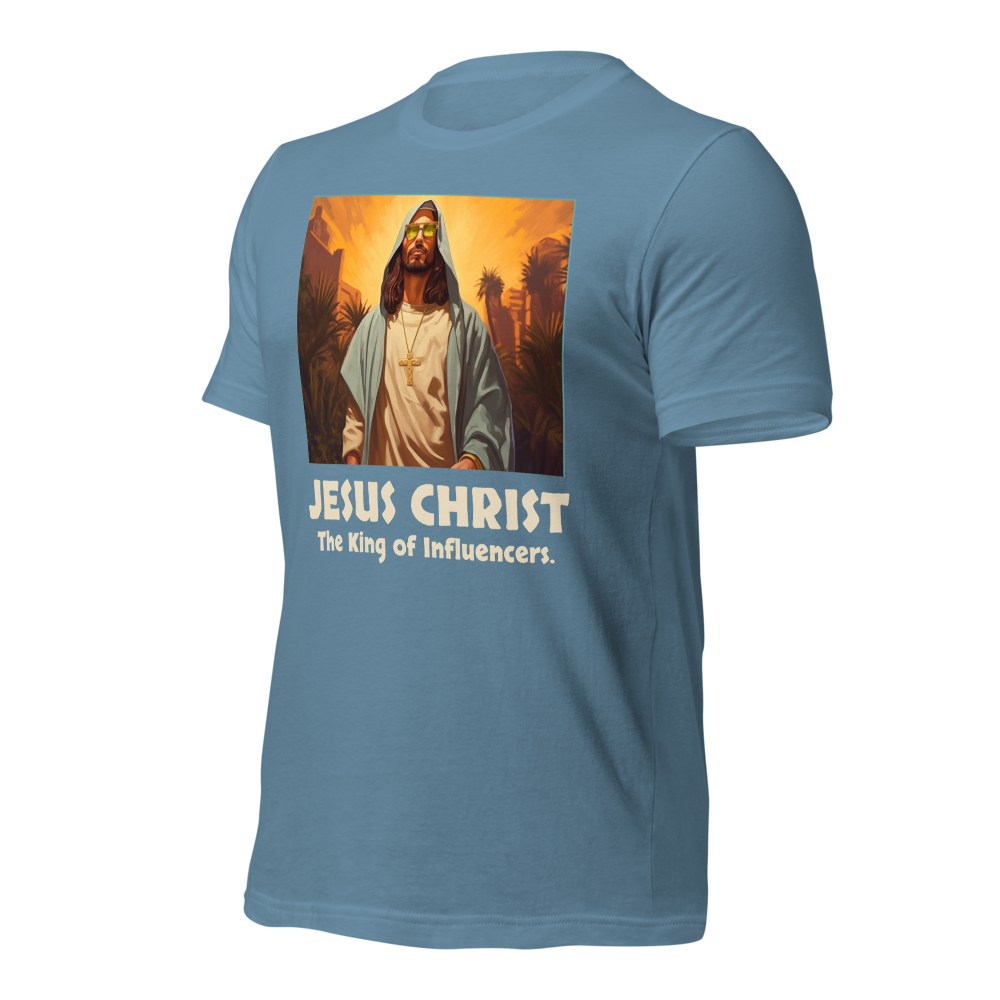 Jesus: King of Influencers Steel Blue Christian T-Shirt — steel blue, front view 2