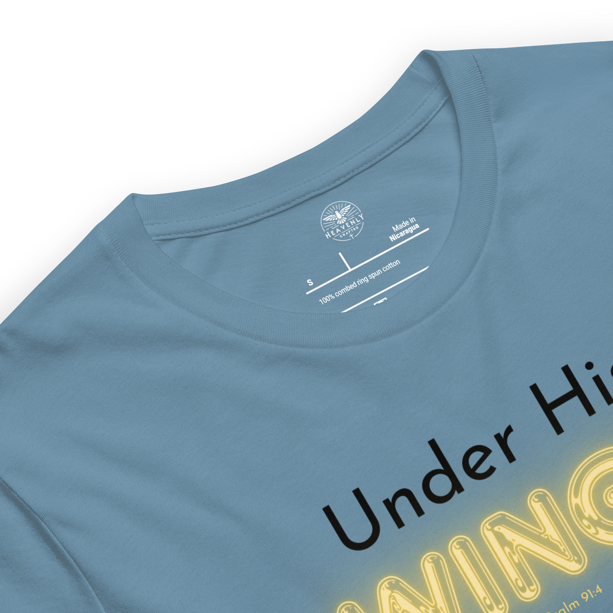 Under His Wings Psalm 91:4 Christian T-Shirt — steel blue, product detail
