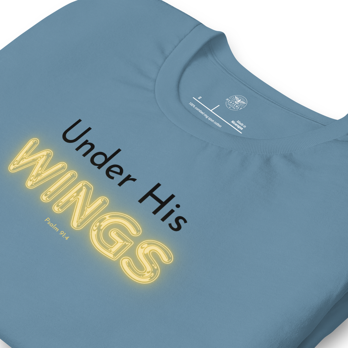 Under His Wings Psalm 91:4 Christian T-Shirt — steel blue, label and care detail