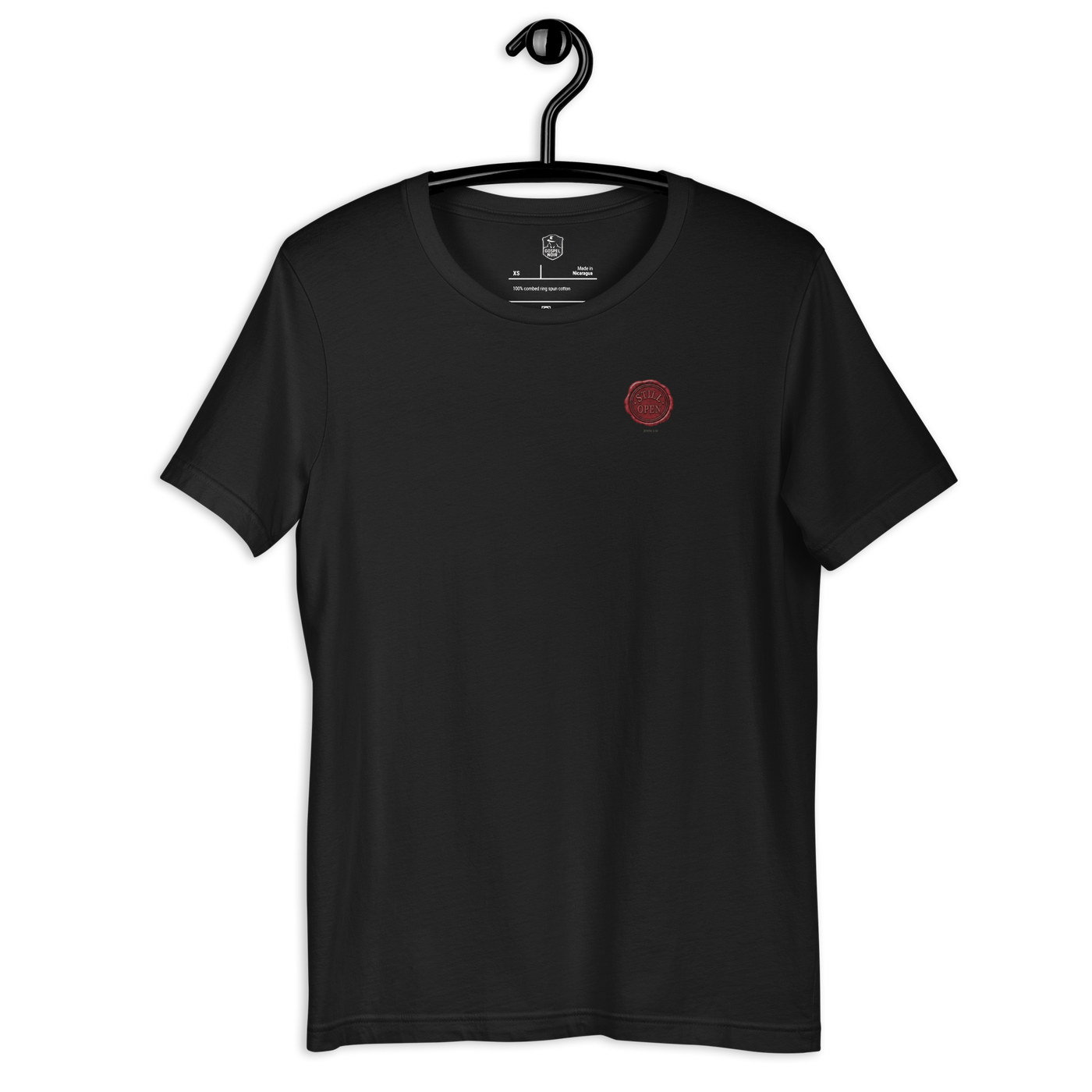 Still Open John 3:16 Christian T-Shirt – Vintage Black — vintage black, hanging view