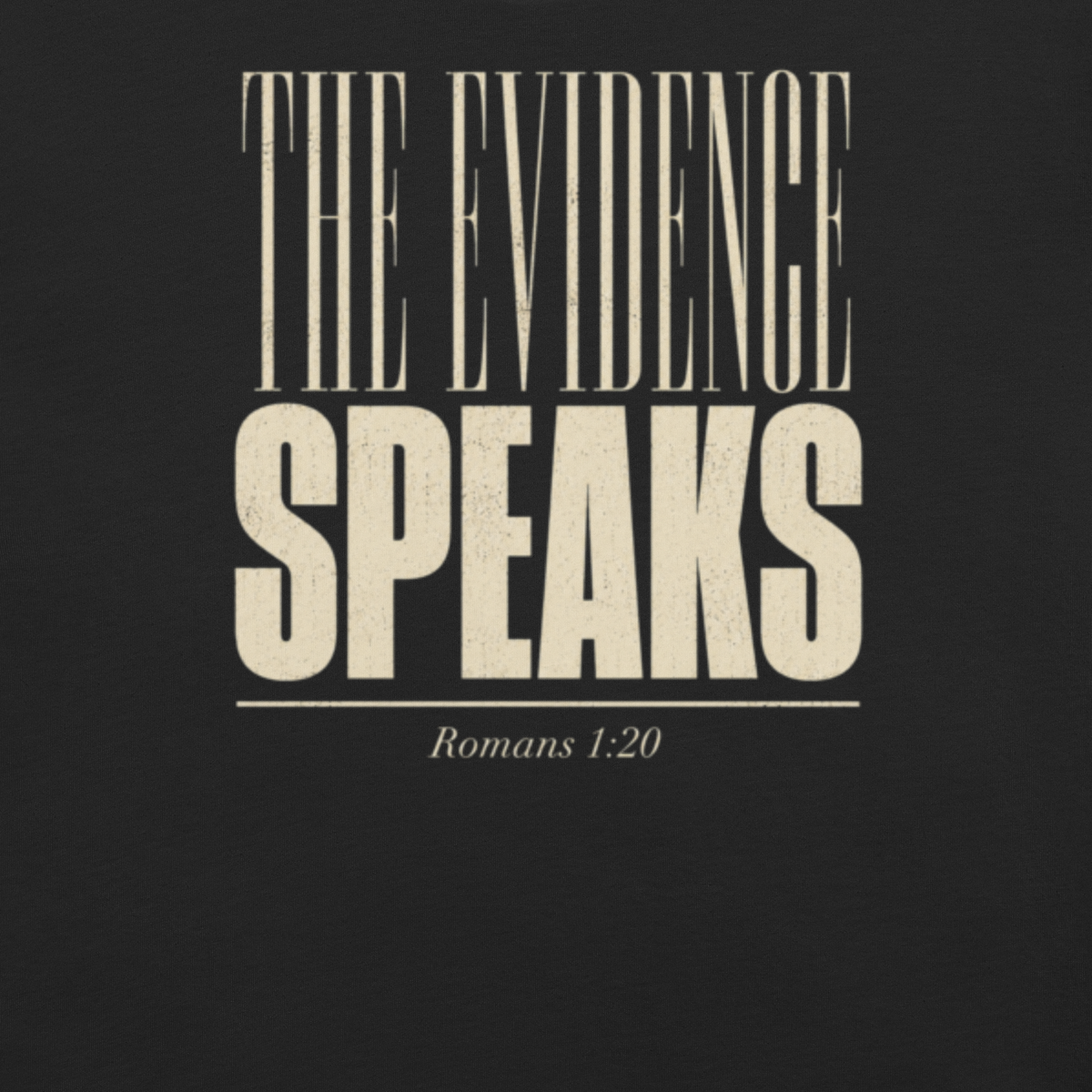 The Evidence Speaks Romans 1:20 Christian T-Shirt — black, design detail