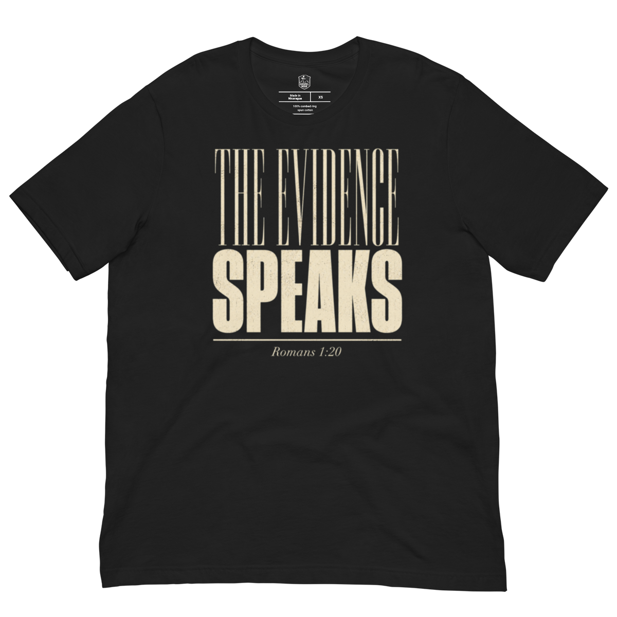 The Evidence Speaks Romans 1:20 Christian T-Shirt — black, design detail 2