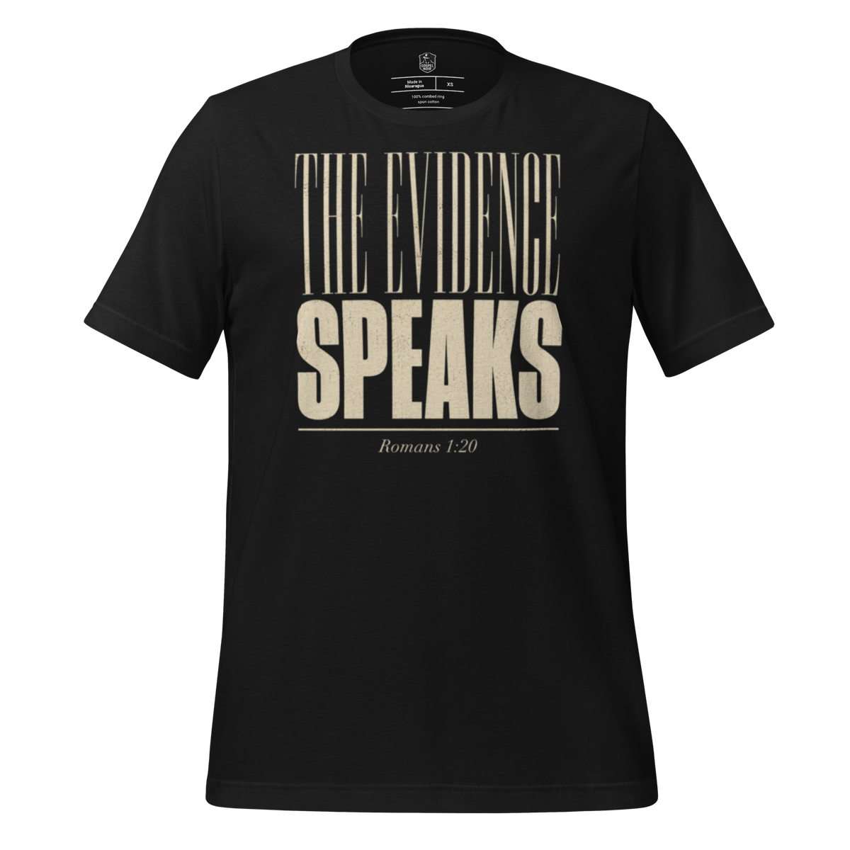 The Evidence Speaks Romans 1:20 Christian T-Shirt — black, product view 4