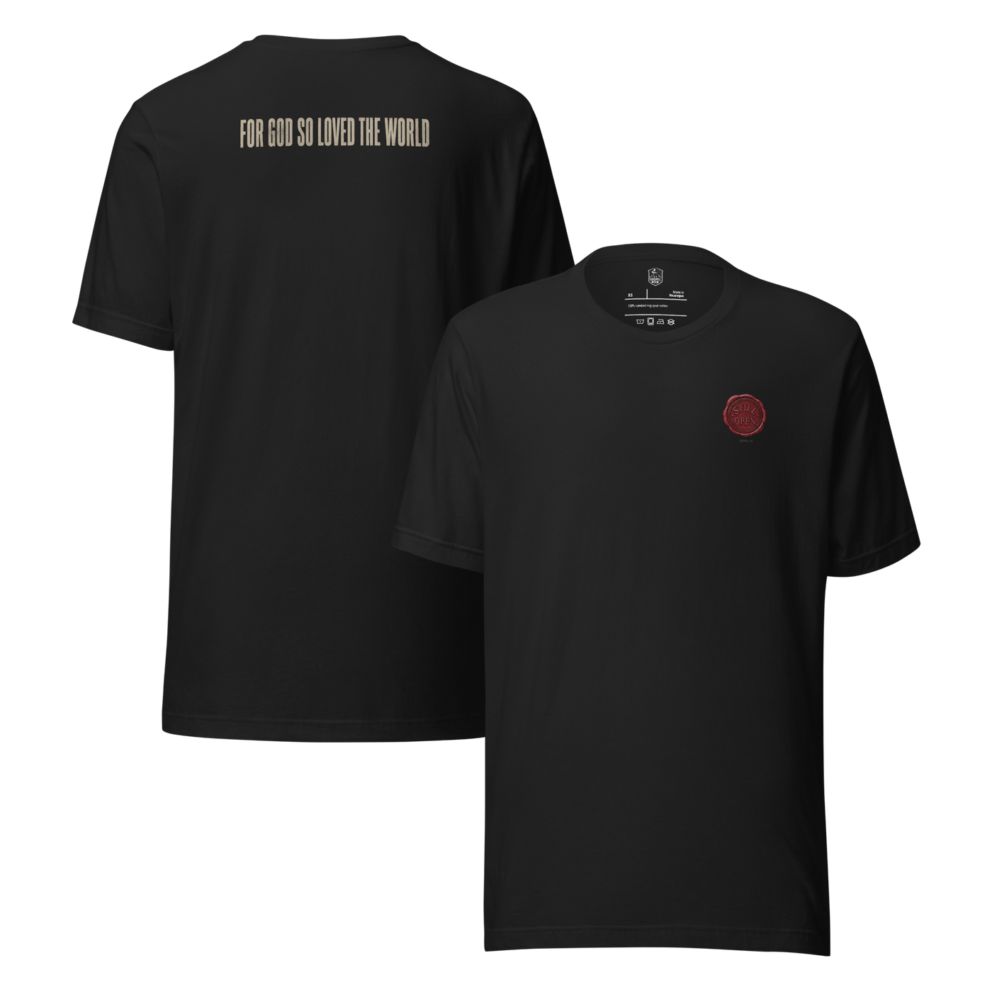 Still Open John 3:16 Christian T-Shirt – Vintage Black — vintage black, front and back views