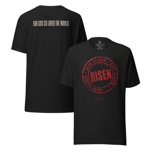 Case Closed: Risen John 3:16 Christian T-Shirt — black, front and back views