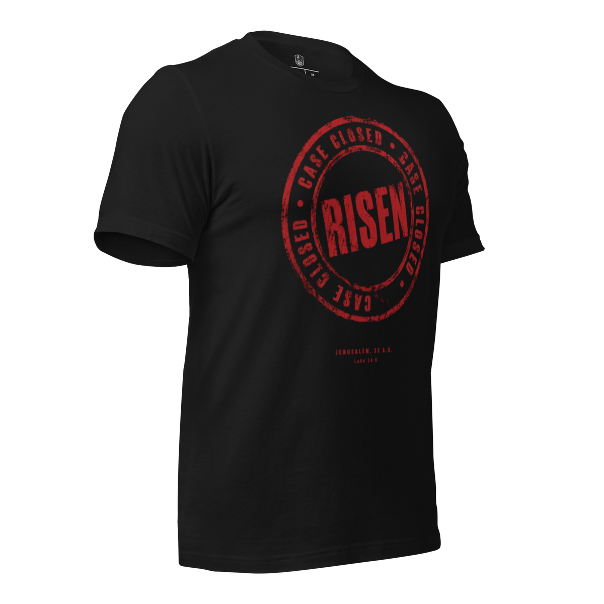 Case Closed: Risen John 3:16 Christian T-Shirt — black, right-side view