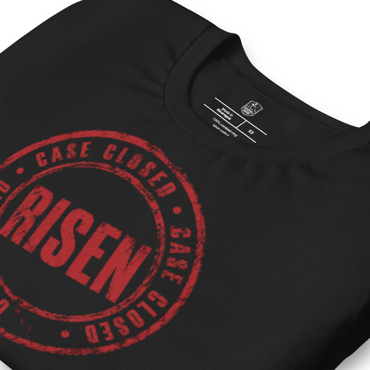 Case Closed: Risen John 3:16 Christian T-Shirt — black, folded view
