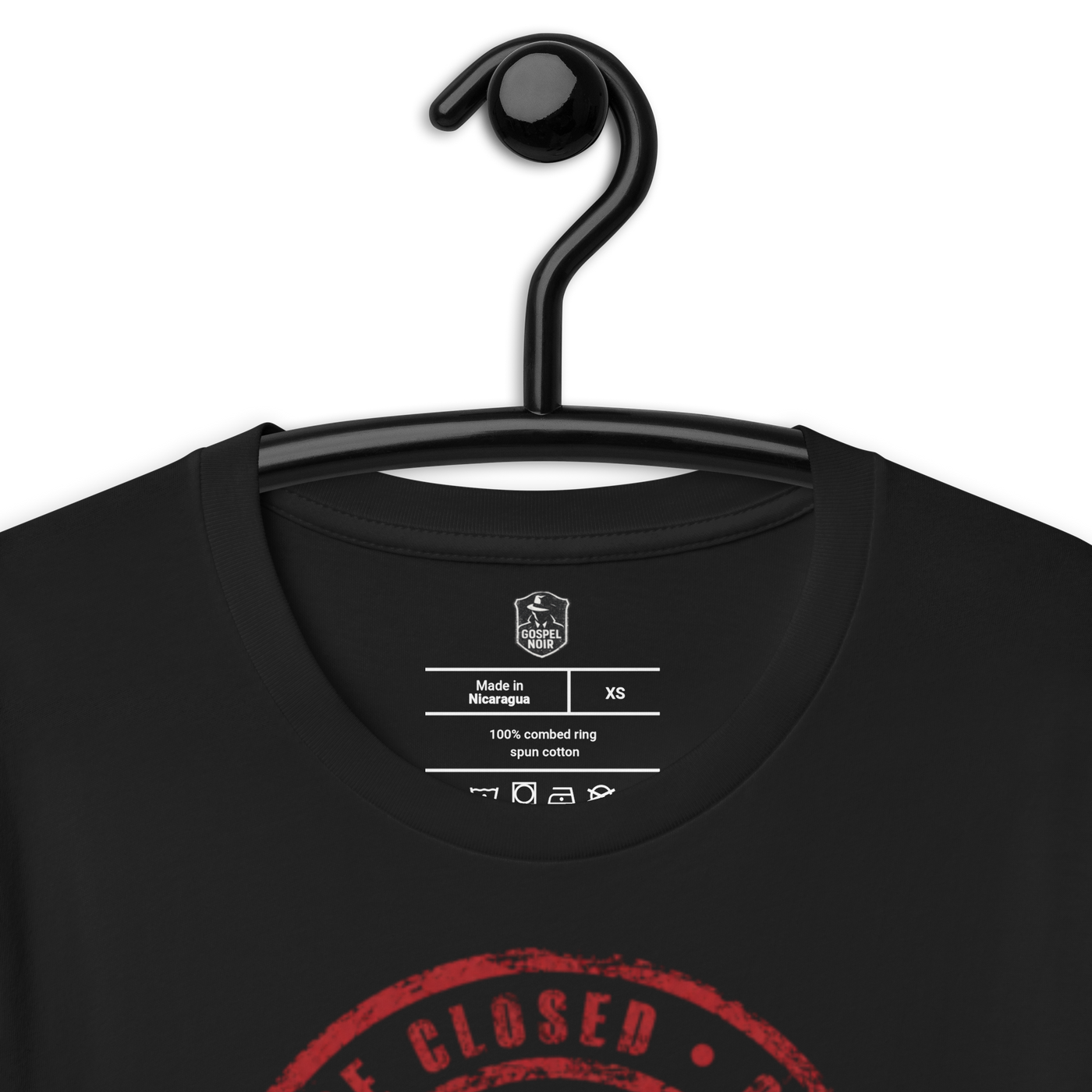 Case Closed: Risen John 3:16 Christian T-Shirt — black, hanging view