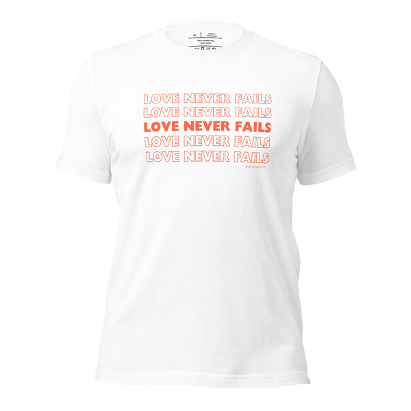 Love Never Fails 1 Corinthians 13:8 Christian T-Shirt — white, product mockup. Gospel Noir Christian T-shirt by Heavenly Crafted, Christian streetwear