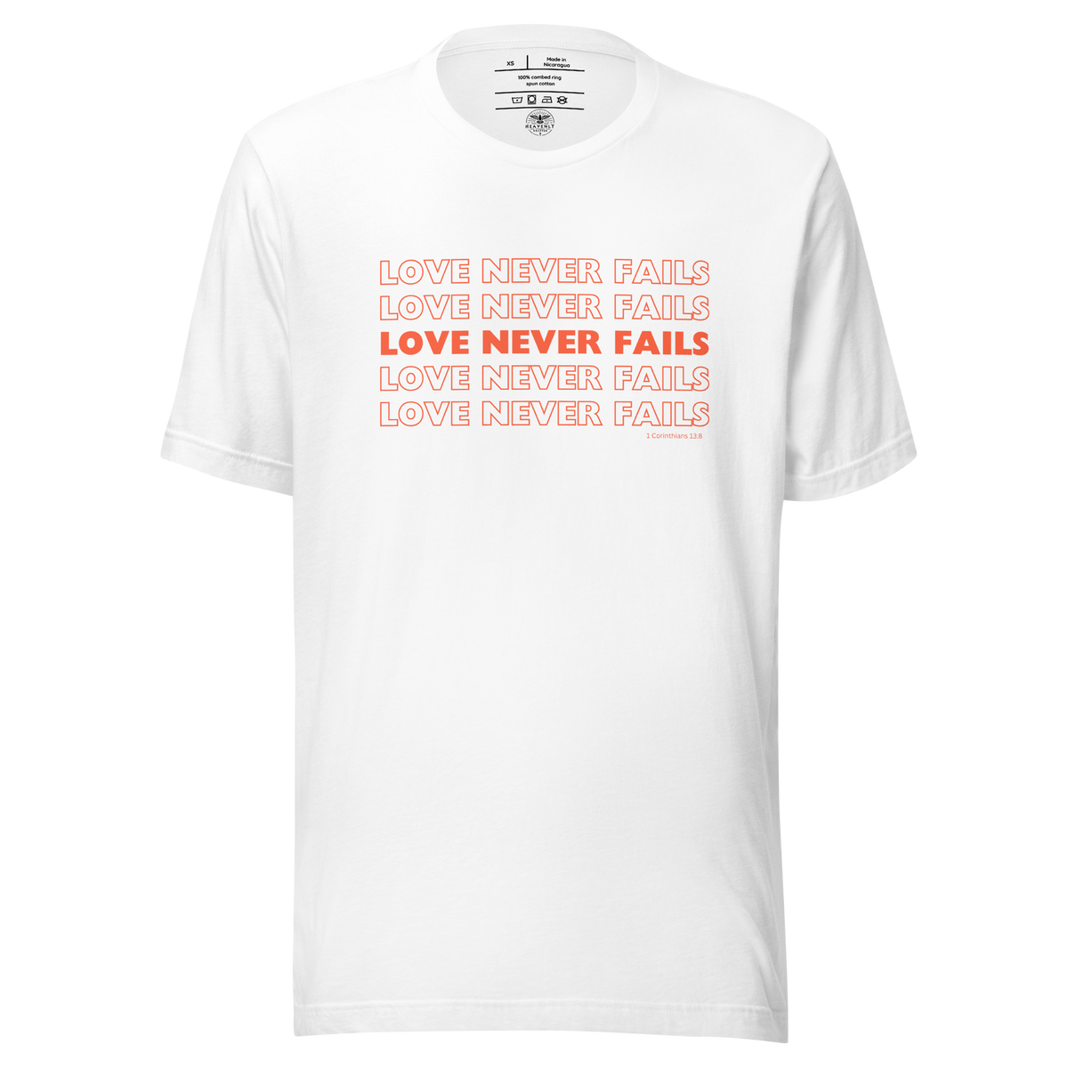 Love Never Fails 1 Corinthians 13:8 Christian T-Shirt — white, front view