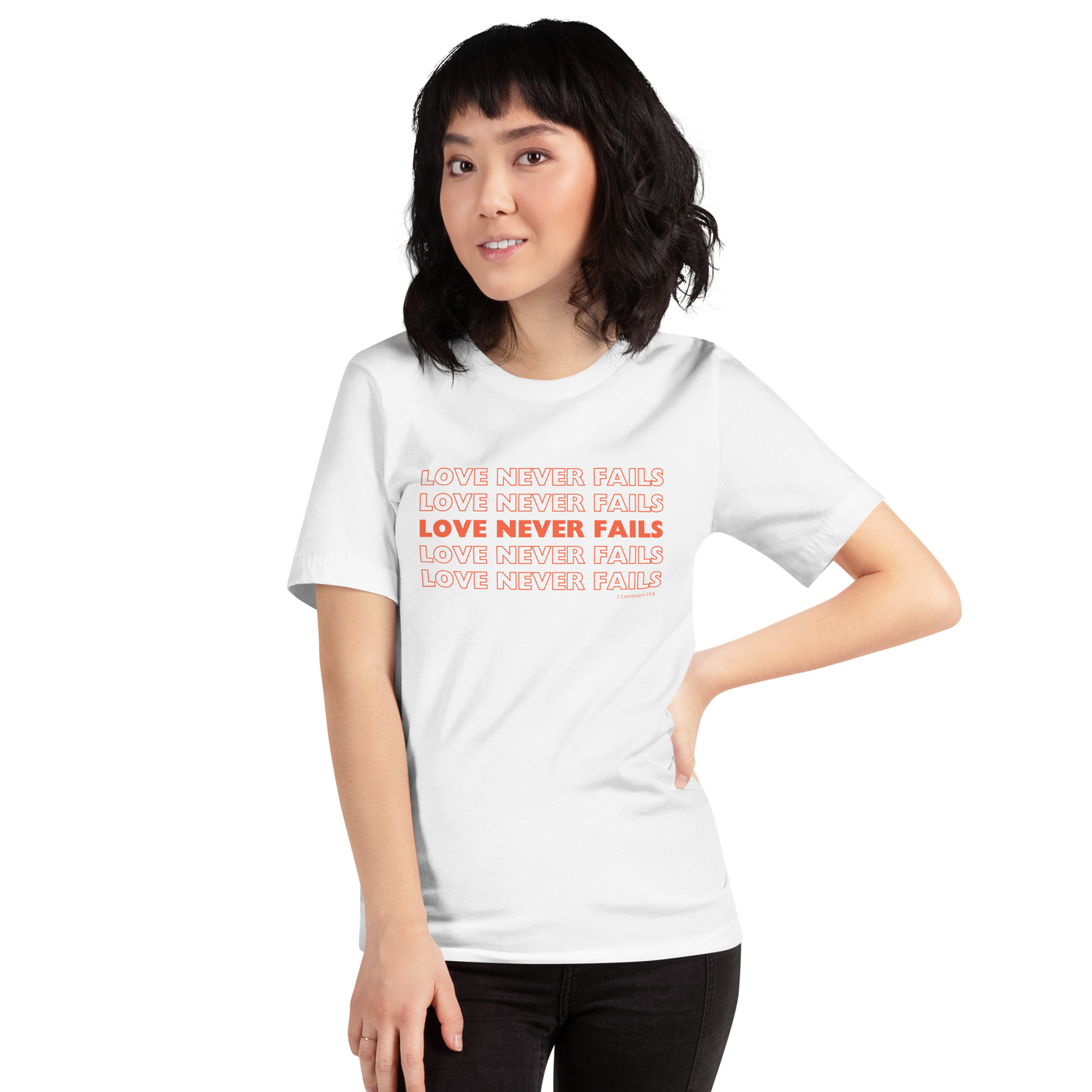 Love Never Fails 1 Corinthians 13:8 Christian T-Shirt — white, side view