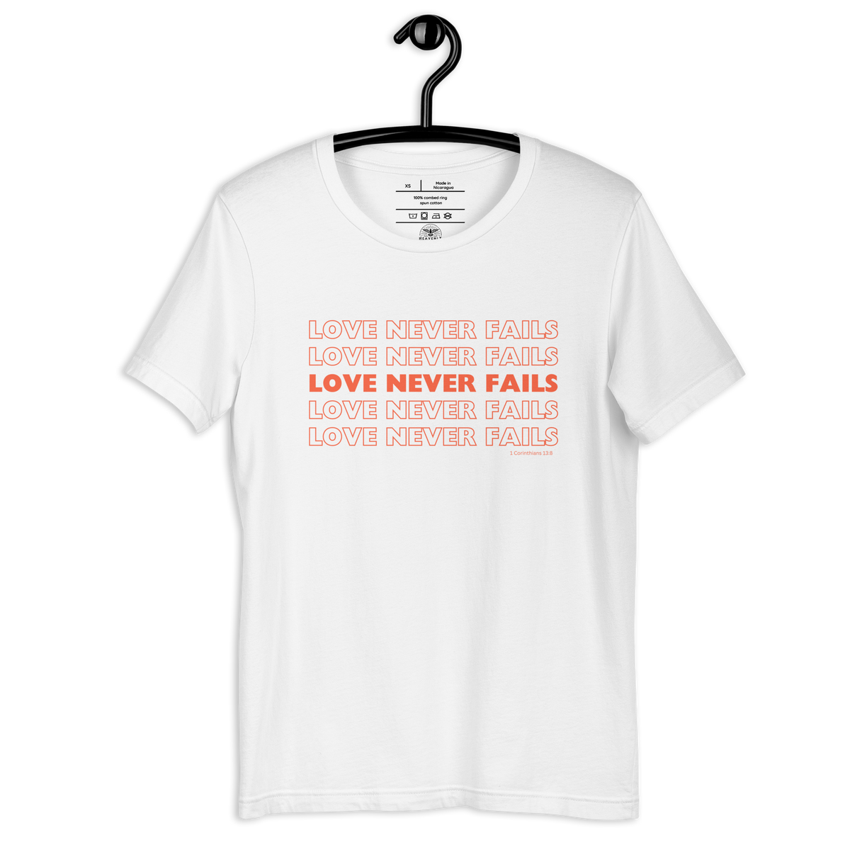 Love Never Fails 1 Corinthians 13:8 Christian T-Shirt — white, hanging view