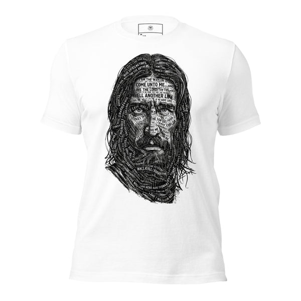 Words of Jesus Portrait T-Shirt – Christian Graphic Tee — white, front view