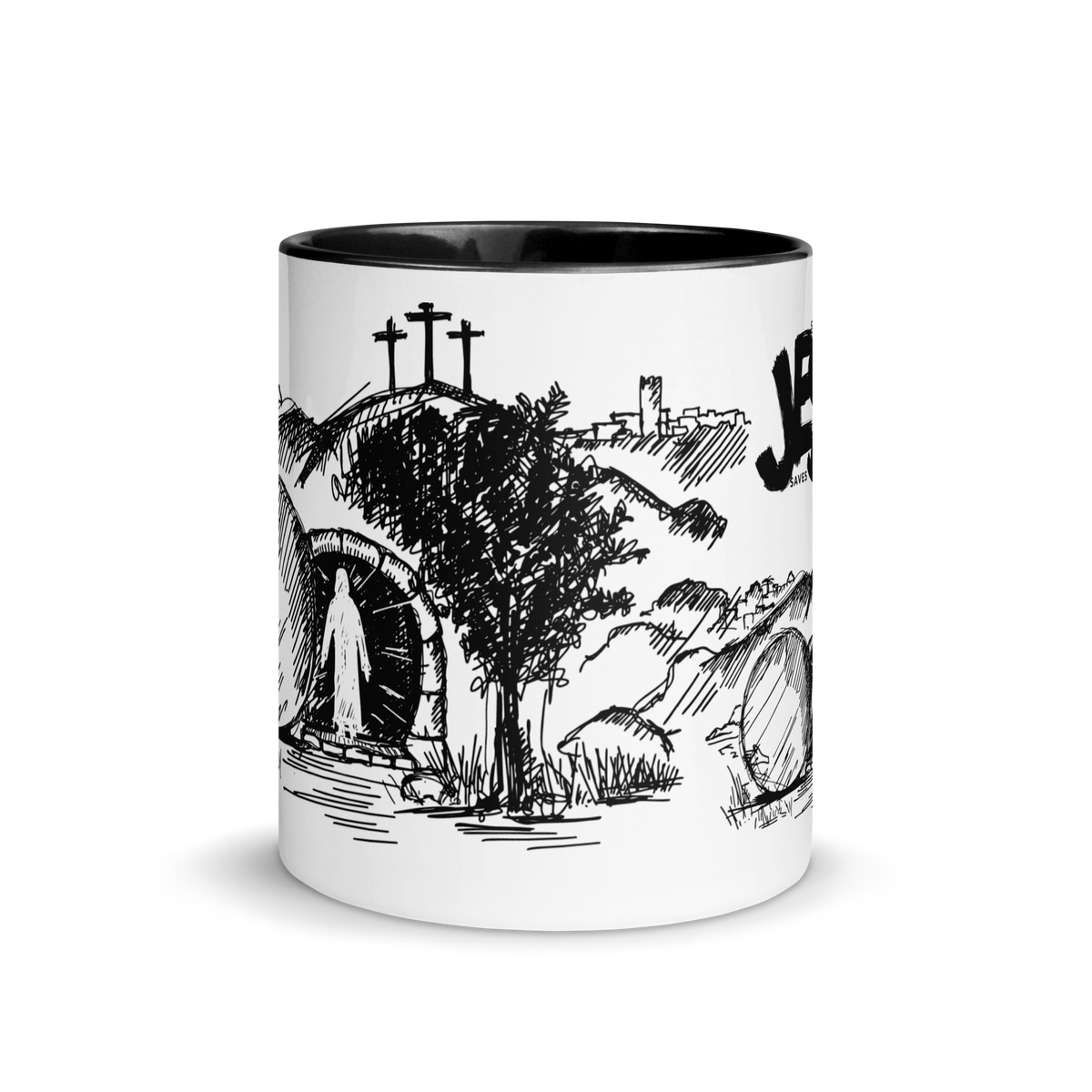 Jesus Saves You Black Accent Christian Mug – 11 oz & 15 oz — white, front view 2