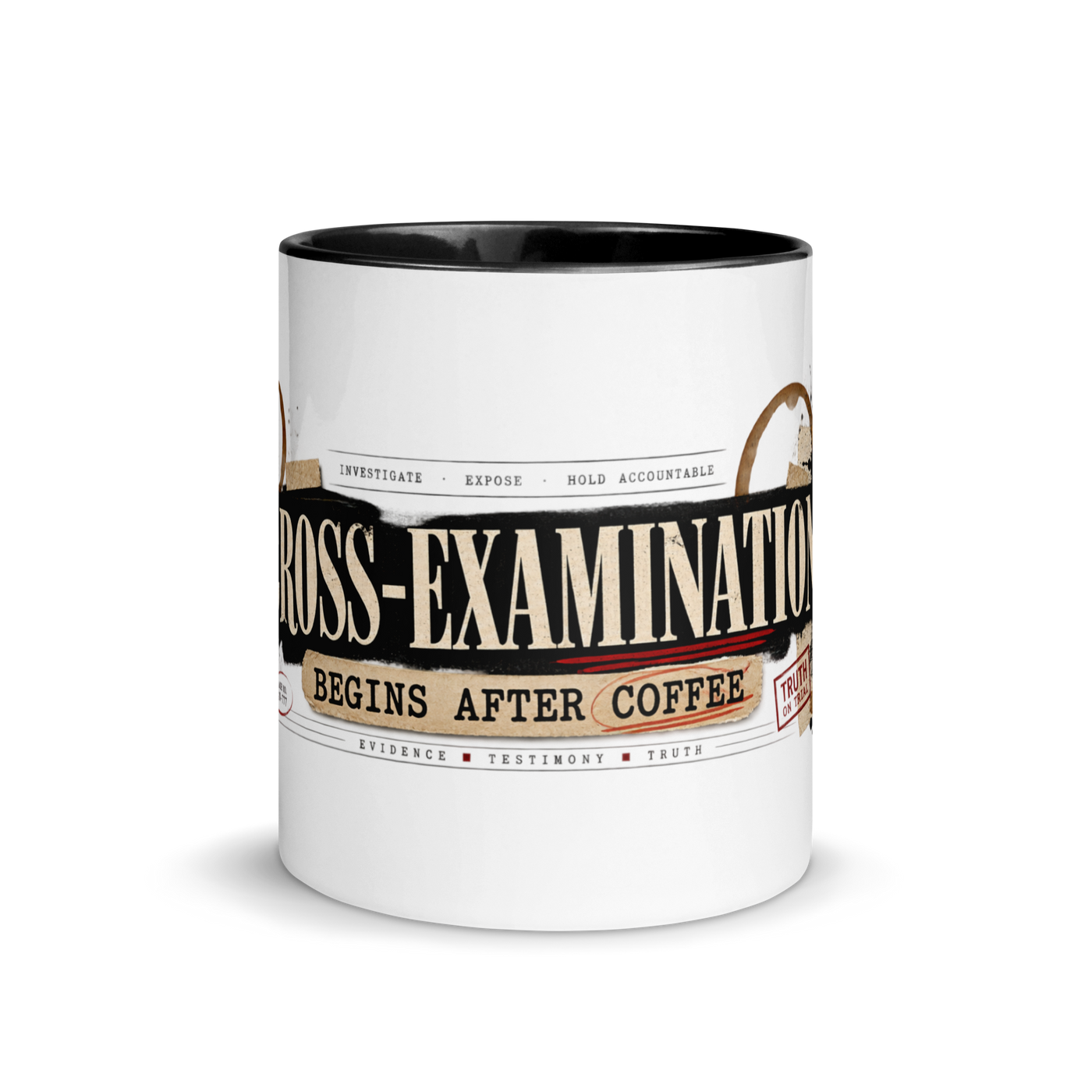 Cross-Examination Begins After Coffee Christian ceramic coffee mug by Gospel Noir, front product view.