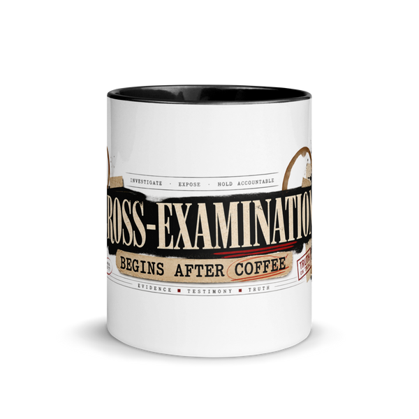 Cross-Examination Begins After Coffee Christian Mug — white, front side. Gospel Noir Christian coffee mug by Heavenly Crafted, film noir Christian mug
